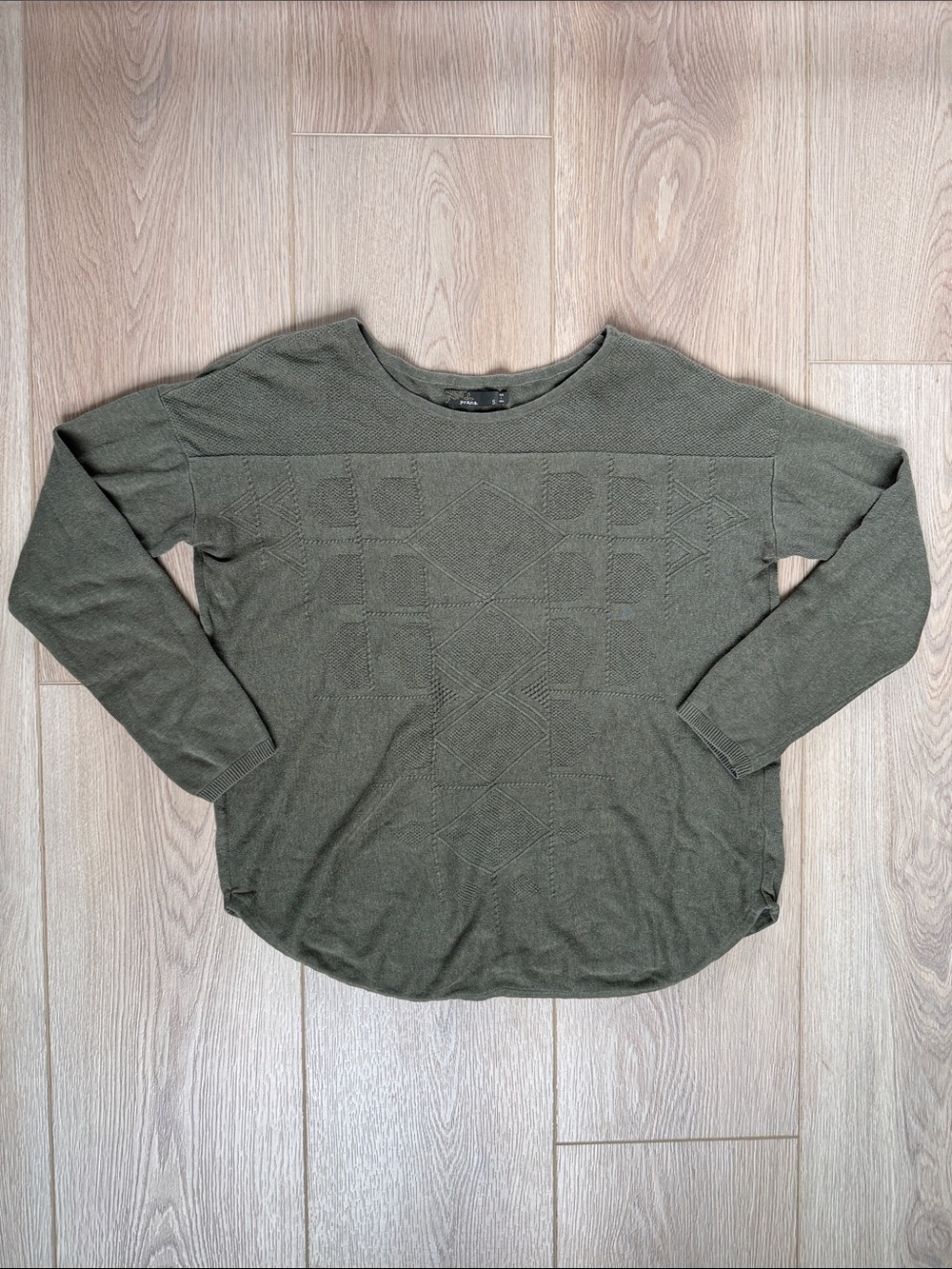 Cotton Knit Sweater Olive Green prAna Geometric Textured Long Sleeve Pullover S